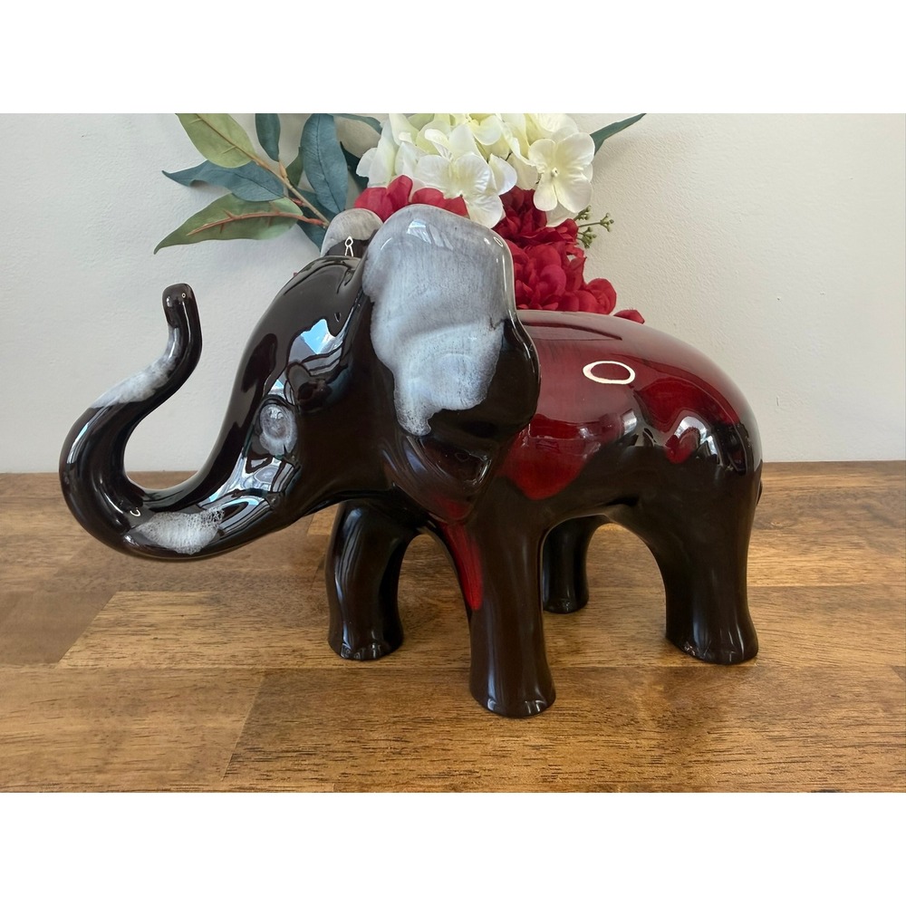Vintage Canadian Pottery Elephant Figurine Red Drip Glaze Canadiana Decor MCM